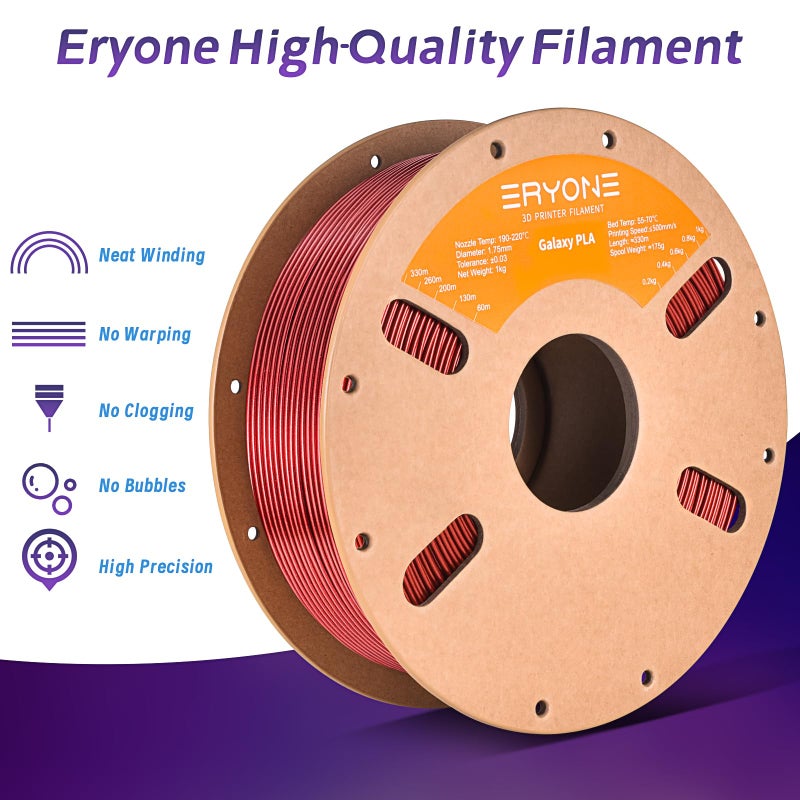 ERYONE Galaxy PLA 3D Printer Filament, Sparkle Glitter PLA, 1.75mm +/-0.03mm, 1kg(2.2LBS)/Spool, Christmas Filament, Galaxy Red - Image 3